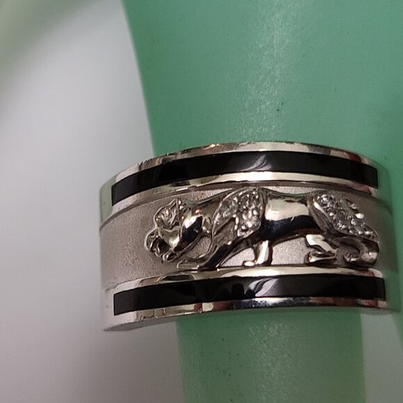Men 14k White Gold Leopard Cat Enamel Diamond Ring